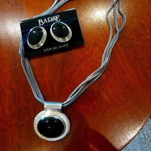 Sterling and Black necklace pendant, chain and matching clip earrings
